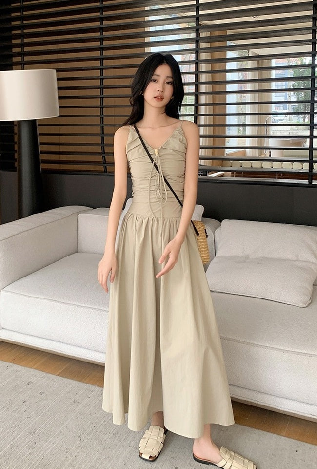 Beige Drawstring V-Neck Dress