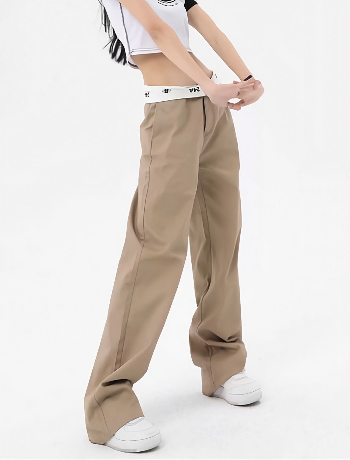 Beige Flipped Waistband Pants