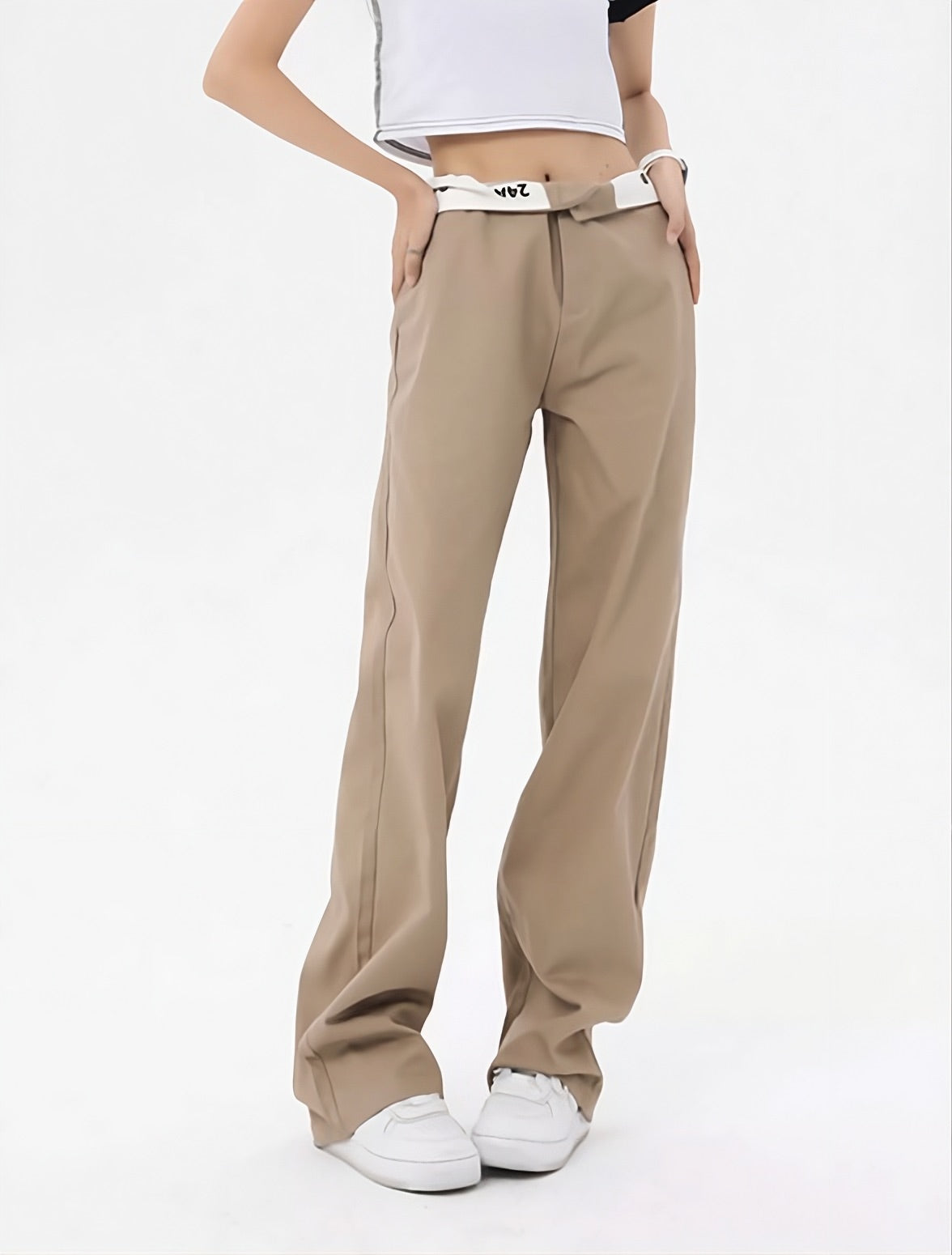 Beige Flipped Waistband Pants