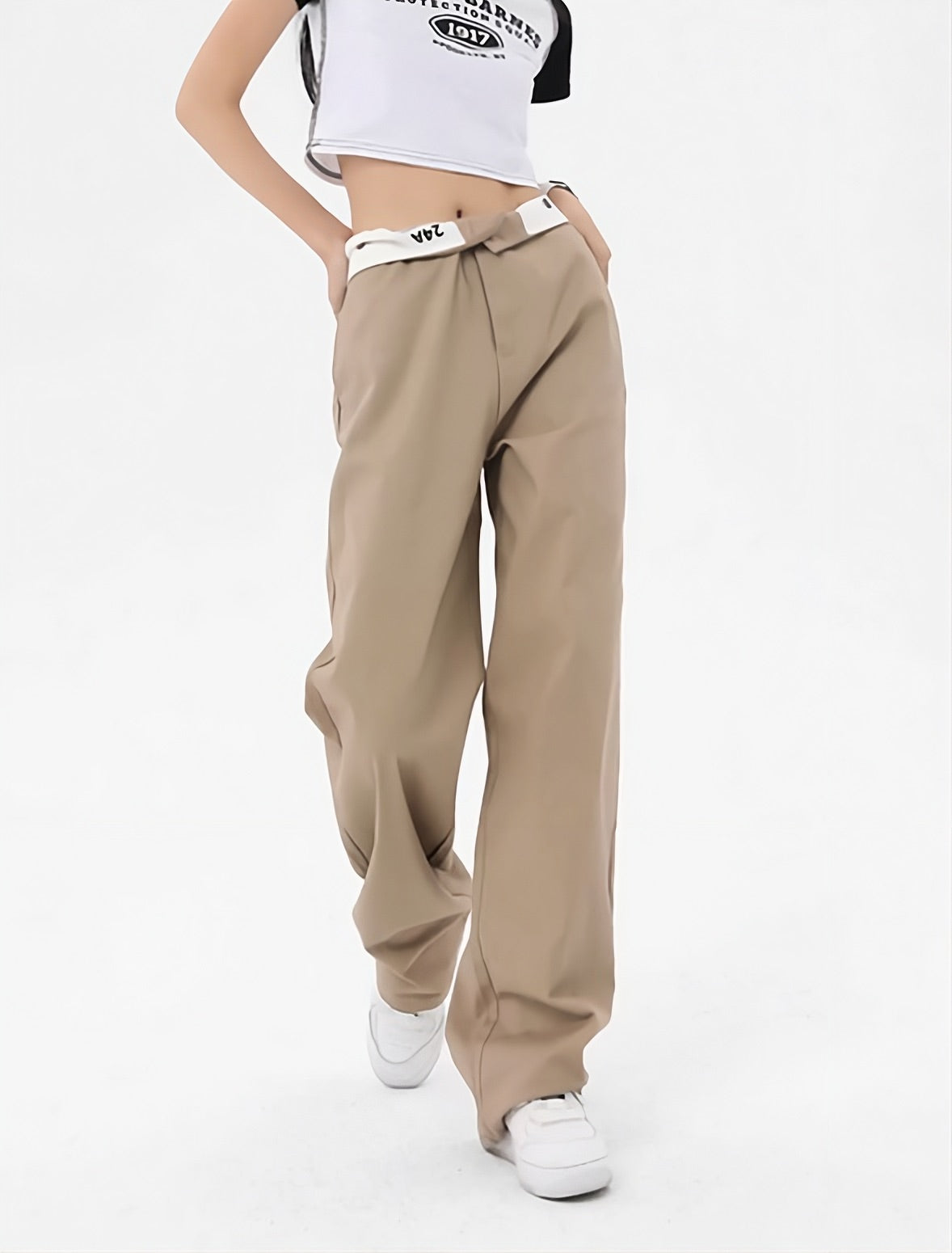 Beige Flipped Waistband Pants