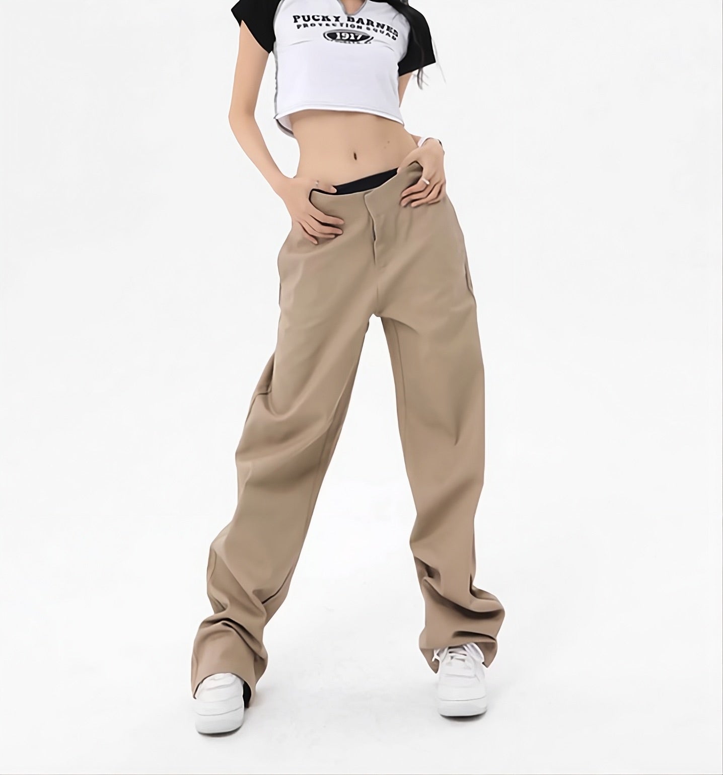 Beige Flipped Waistband Pants