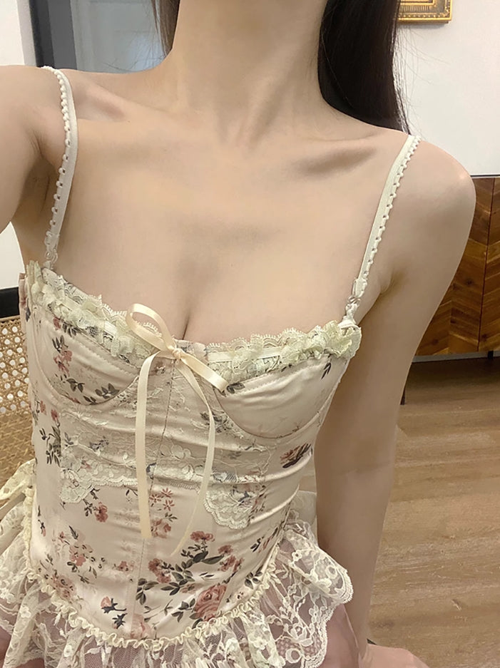 Beige Floral Lace Corset Top