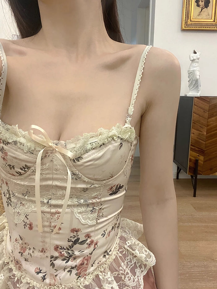 Beige Floral Lace Corset Top