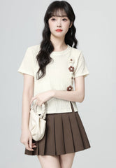 Beige Floral Loose Fit Split Hem Short Sleeve Top