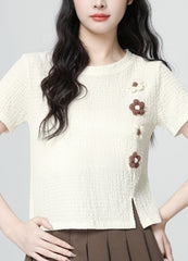 Beige Floral Loose Fit Split Hem Short Sleeve Top