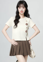 Beige Floral Loose Fit Split Hem Short Sleeve Top