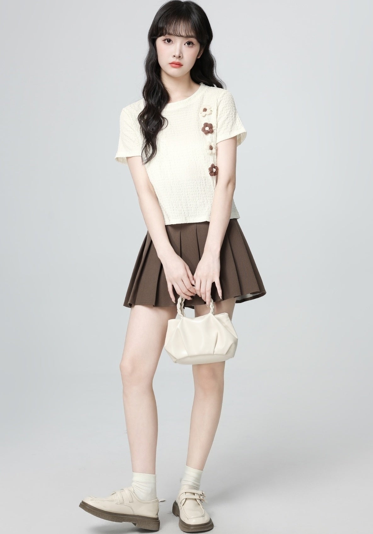 Beige Floral Loose Fit Split Hem Short Sleeve Top