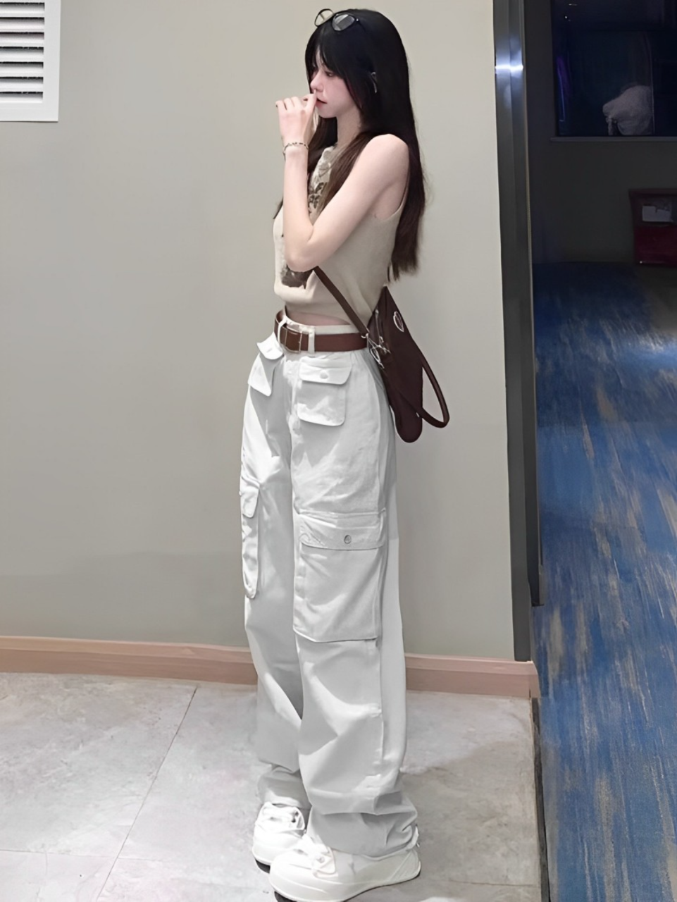 Beige Front Pocket Cargo Pants