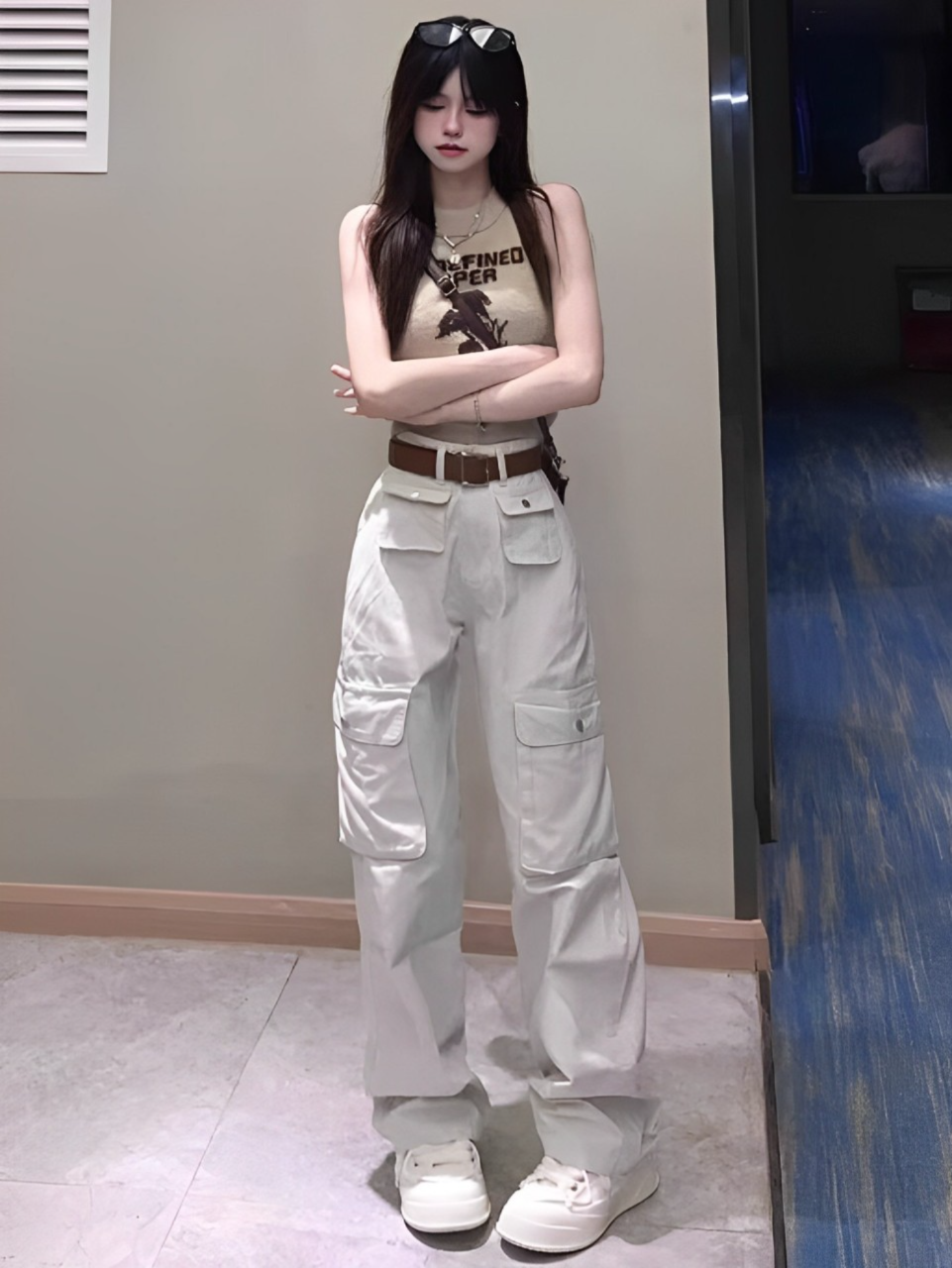 Beige Front Pocket Cargo Pants