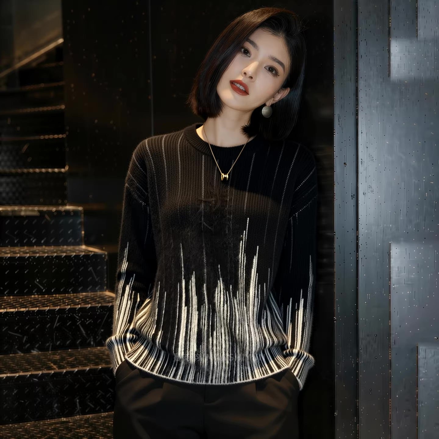 Black Geometric Lines Knit Sweater