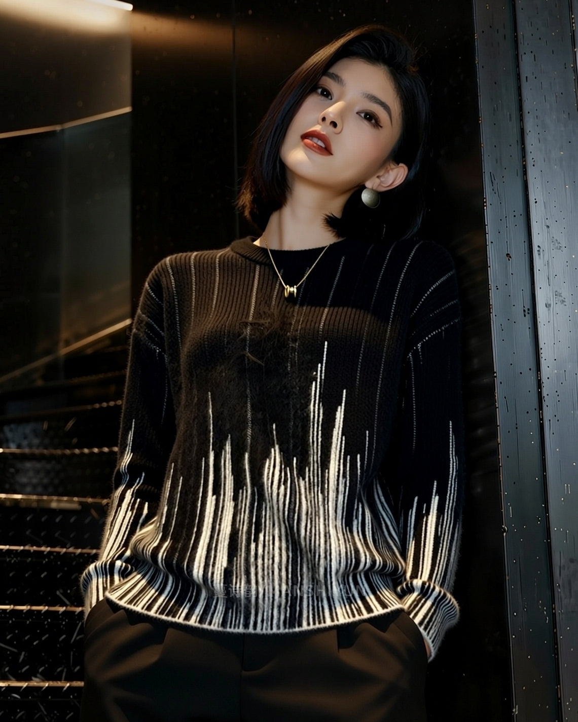 Black Geometric Lines Knit Sweater