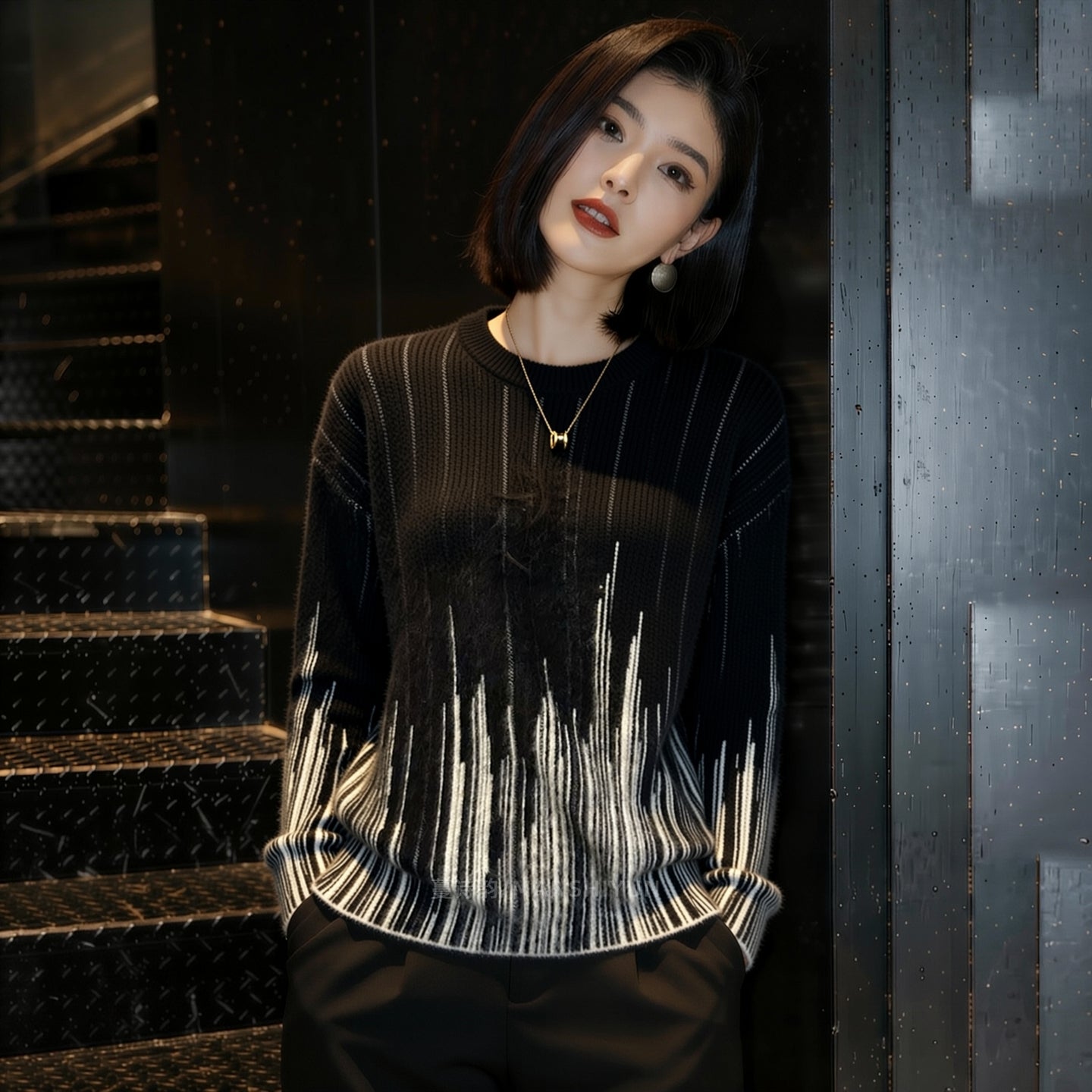 Black Geometric Lines Knit Sweater