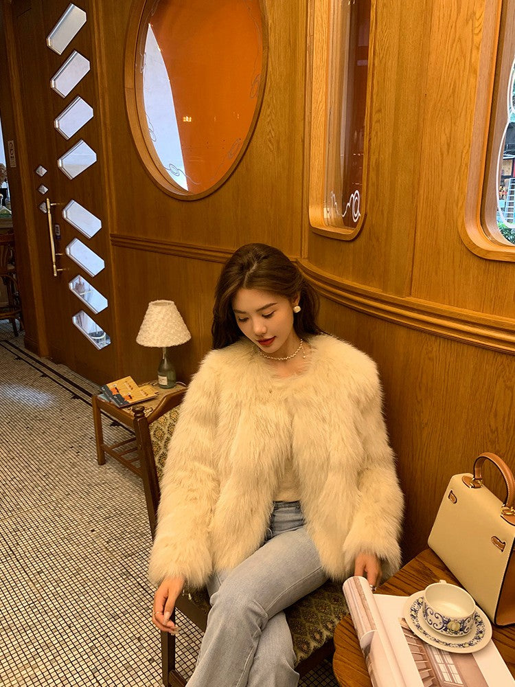 Beige Glam Faux Fur Coat