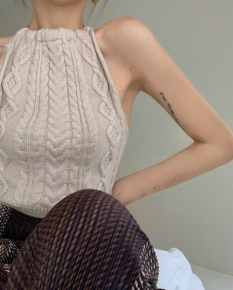 Beige Halter Knit Crop Top