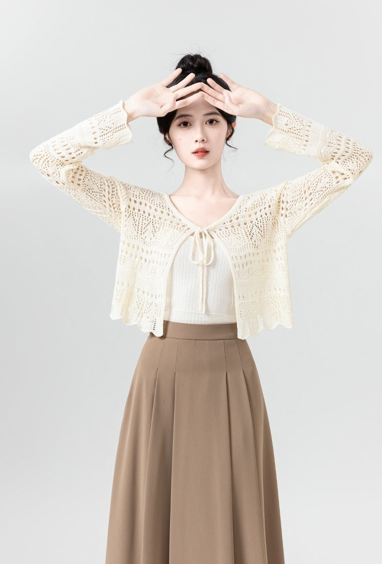 Beige Hollow Knit Tie Cardigan