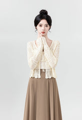Beige Hollow Knit Tie Cardigan
