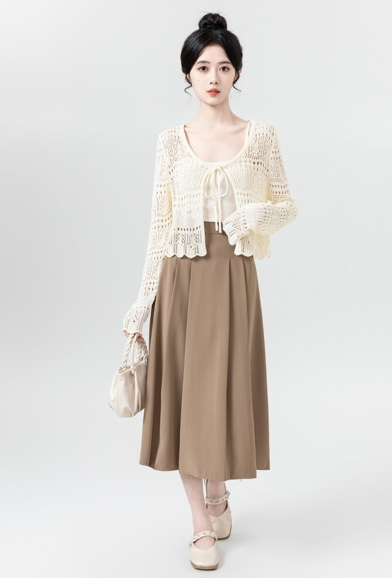 Beige Hollow Knit Tie Cardigan