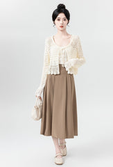 Beige Hollow Knit Tie Cardigan