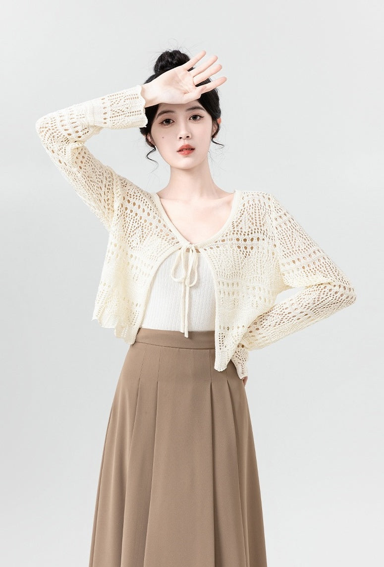 Beige Hollow Knit Tie Cardigan