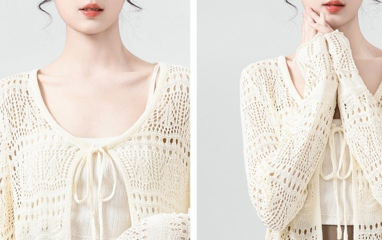 Beige Hollow Knit Tie Cardigan