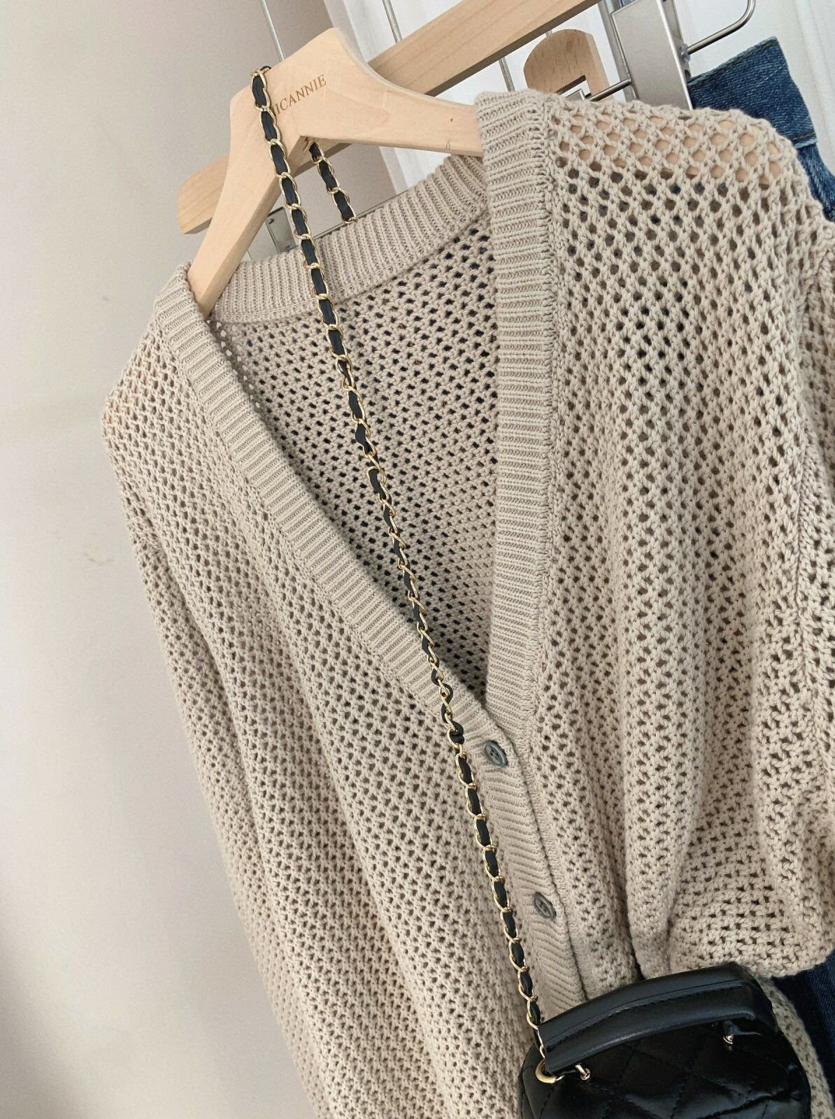 Beige Hollow Knit V-Neck Cardigan