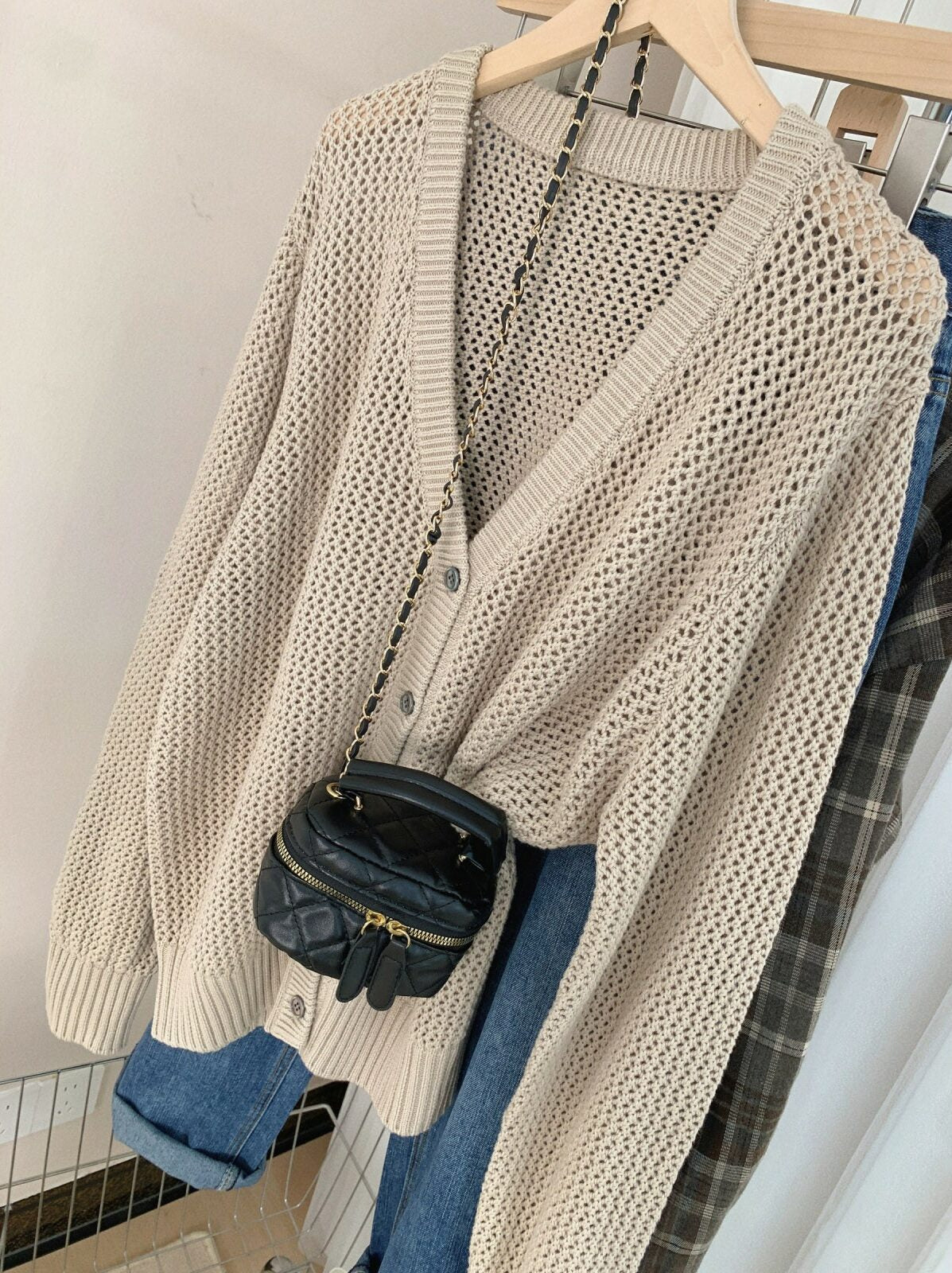 Beige Hollow Knit V-Neck Cardigan