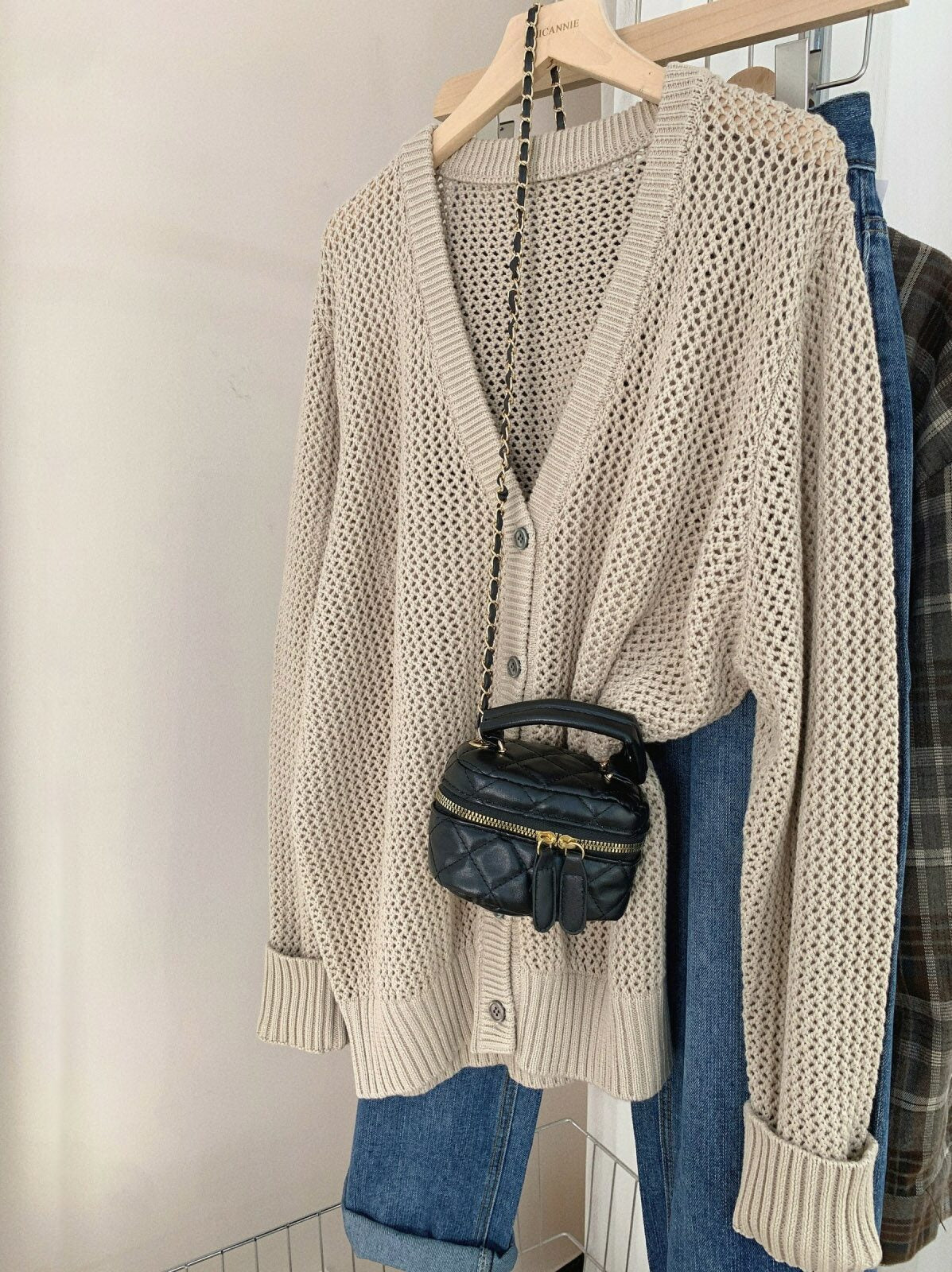 Beige Hollow Knit V-Neck Cardigan
