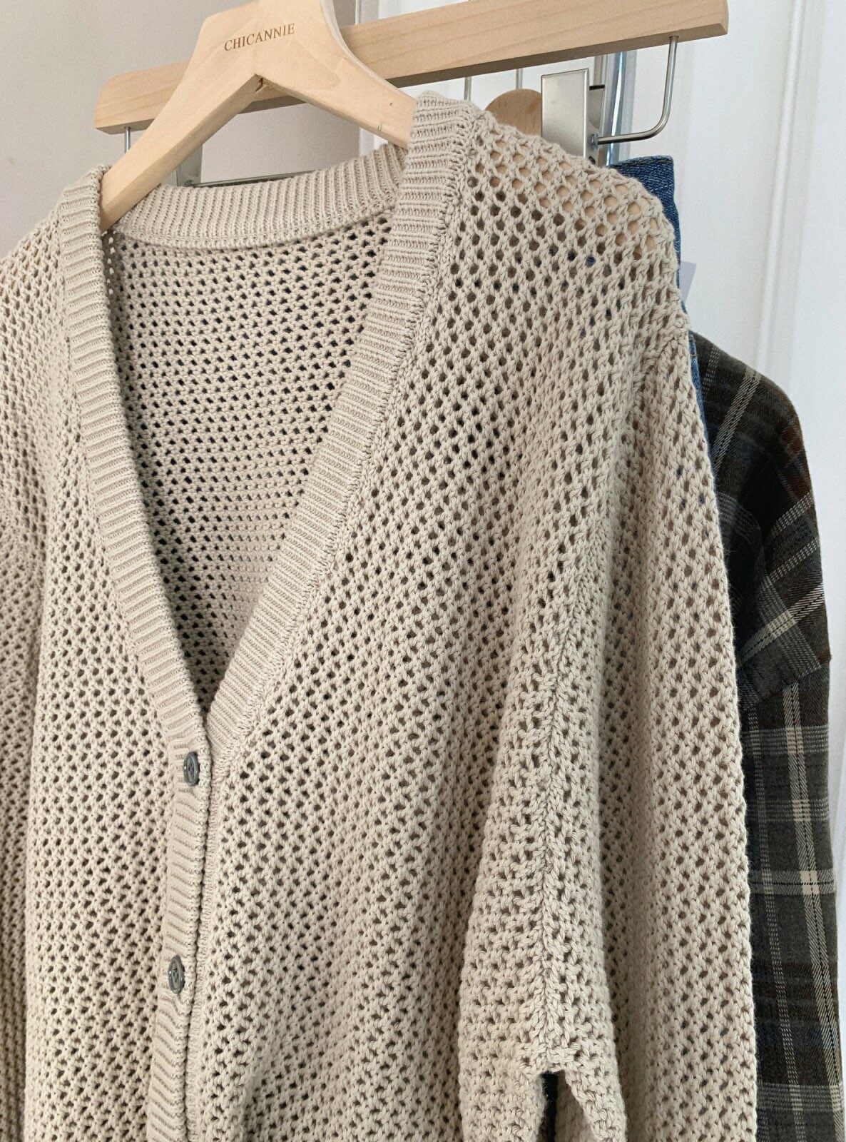 Beige Hollow Knit V-Neck Cardigan