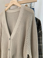 Beige Hollow Knit V-Neck Cardigan