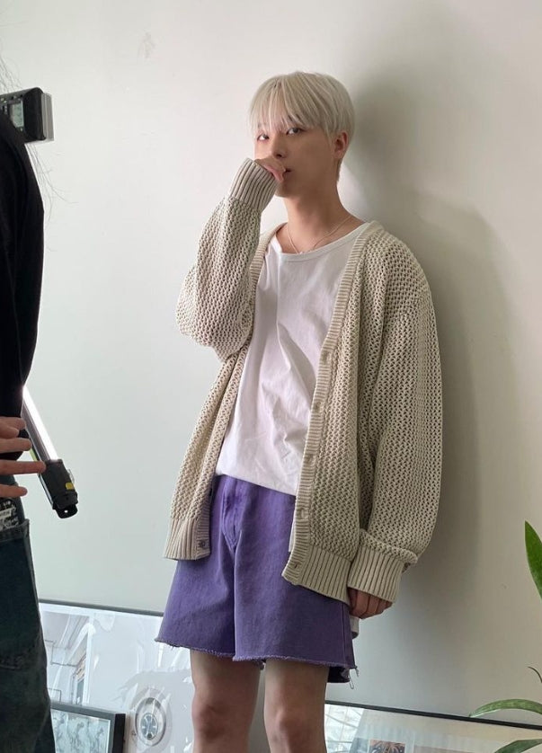 Beige Hollow Knit V-Neck Cardigan