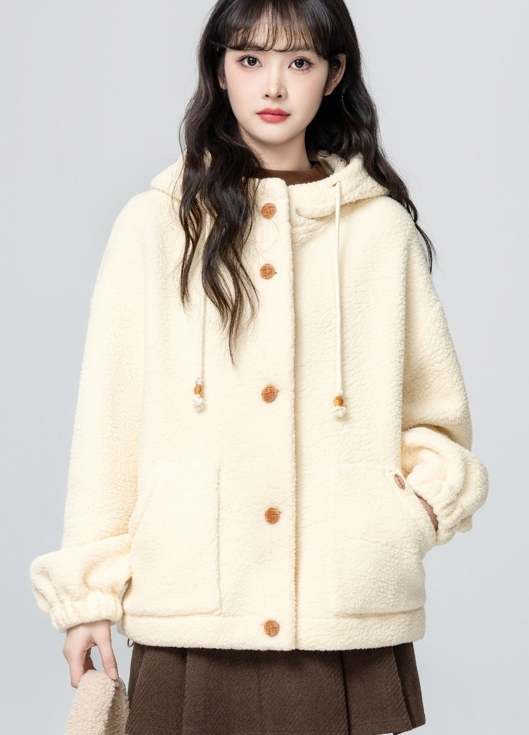 Beige Hooded Loose Fit Cozy Cardigan Jacket