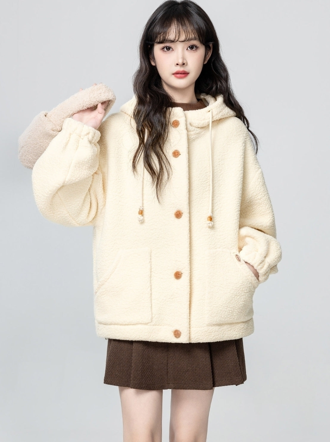 Beige Hooded Loose Fit Cozy Cardigan Jacket