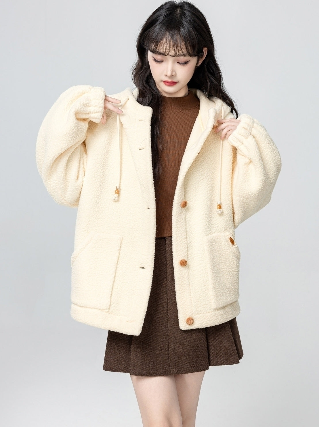 Beige Hooded Loose Fit Cozy Cardigan Jacket