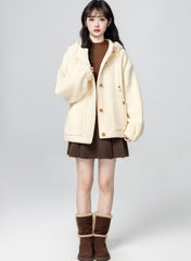 Beige Hooded Loose Fit Cozy Cardigan Jacket