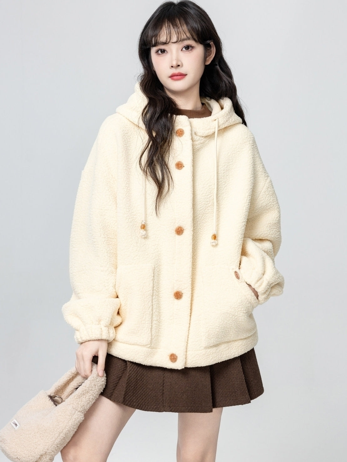 Beige Hooded Loose Fit Cozy Cardigan Jacket