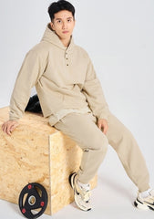 Beige Hooded Quarter Buttons Sweater