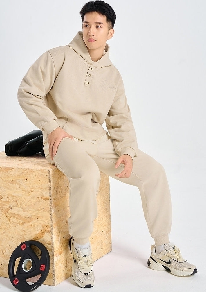 Beige Hooded Quarter Buttons Sweater