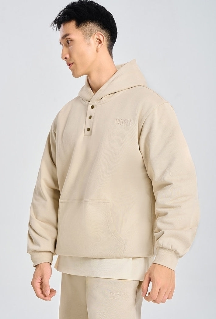 Beige Hooded Quarter Buttons Sweater