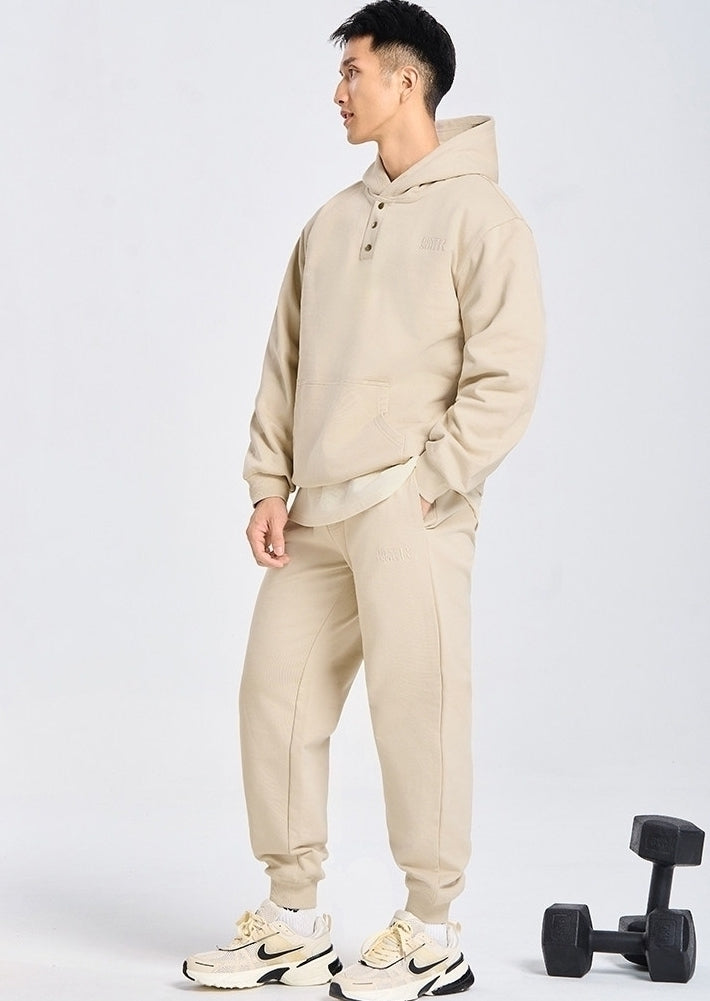 Beige Hooded Quarter Buttons Sweater