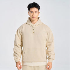 Beige Hooded Quarter Buttons Sweater