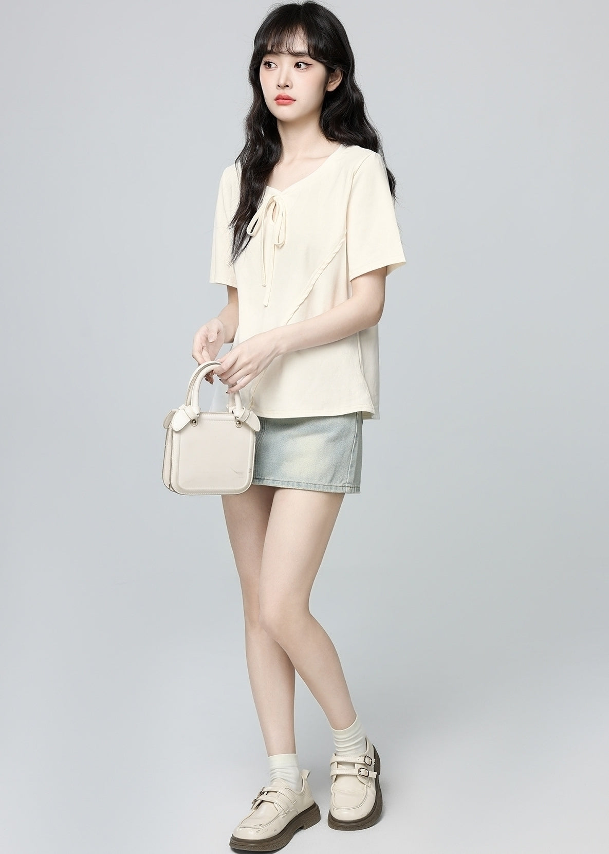 Beige Irregular Neck Short Sleeve Tie Hollow Top
