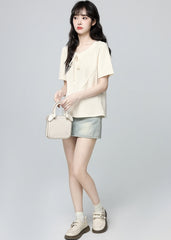 Beige Irregular Neck Short Sleeve Tie Hollow Top
