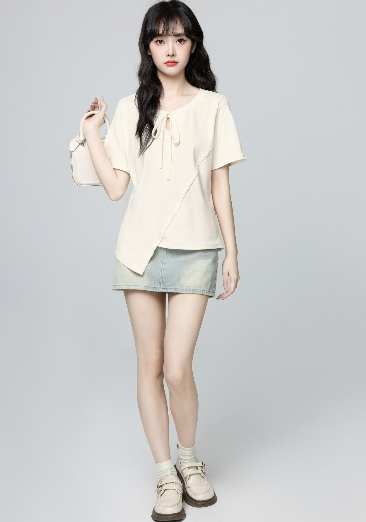 Beige Irregular Neck Short Sleeve Tie Hollow Top