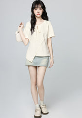Beige Irregular Neck Short Sleeve Tie Hollow Top