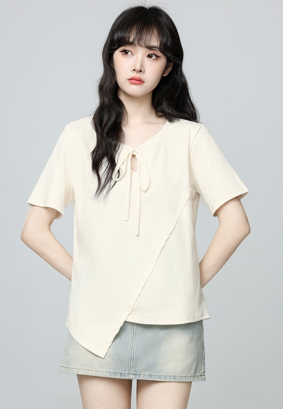 Beige Irregular Neck Short Sleeve Tie Hollow Top