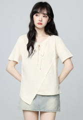 Beige Irregular Neck Short Sleeve Tie Hollow Top