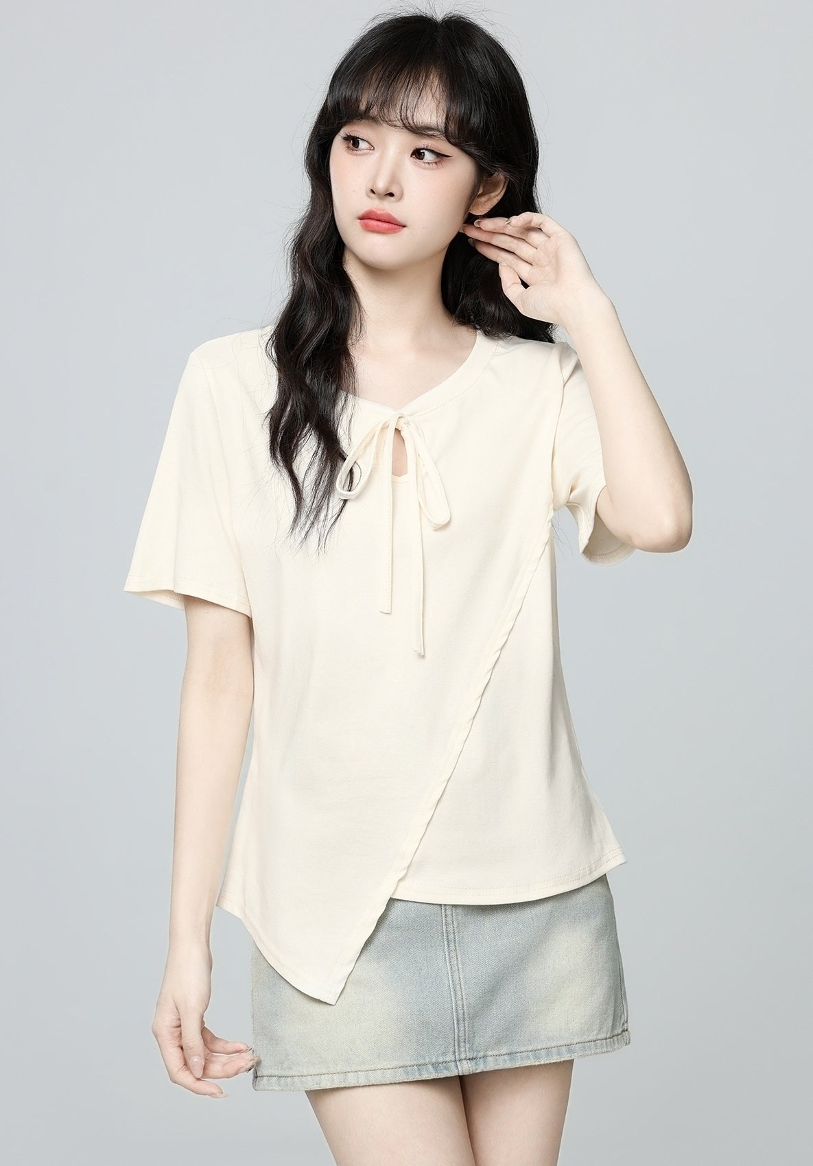 Beige Irregular Neck Short Sleeve Tie Hollow Top