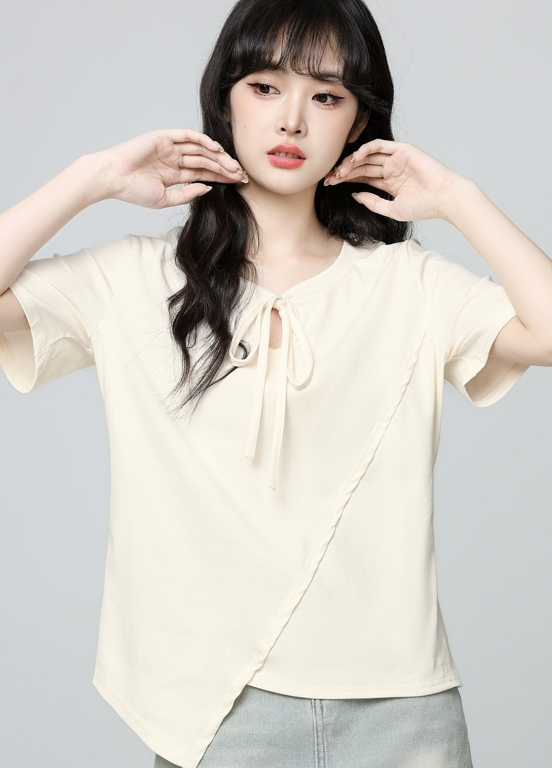 Beige Irregular Neck Short Sleeve Tie Hollow Top