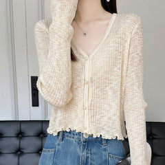 Beige Knit Lettuce Hem Cardigan