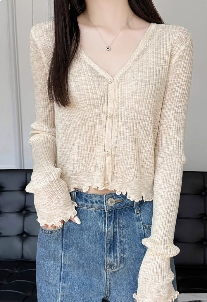 Beige Knit Lettuce Hem Cardigan